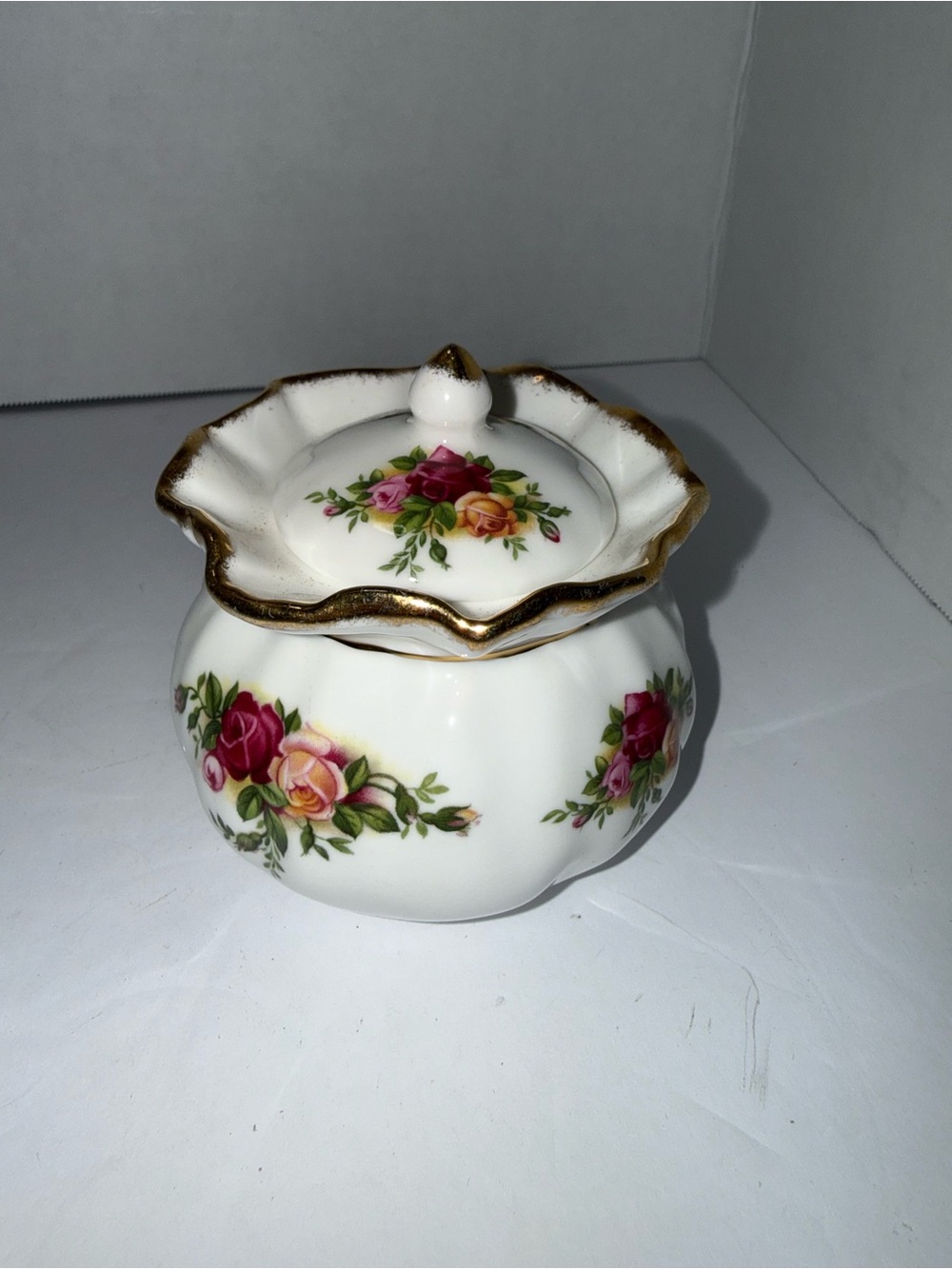 Royal Albert White Porcelain Floral Trinket Jar with Gold Trim